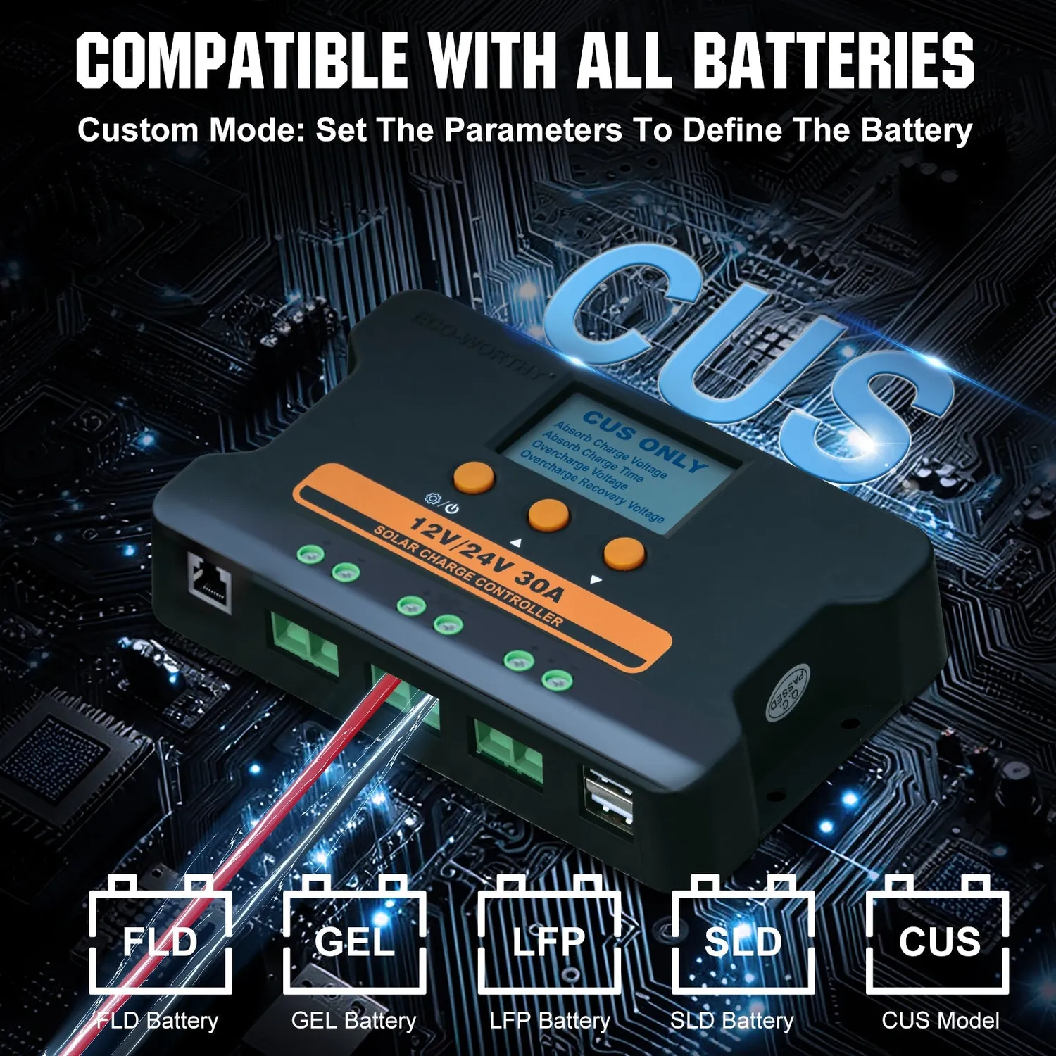 Eco-Worthy 30A PWM solární regulátor 12V/24V s USB